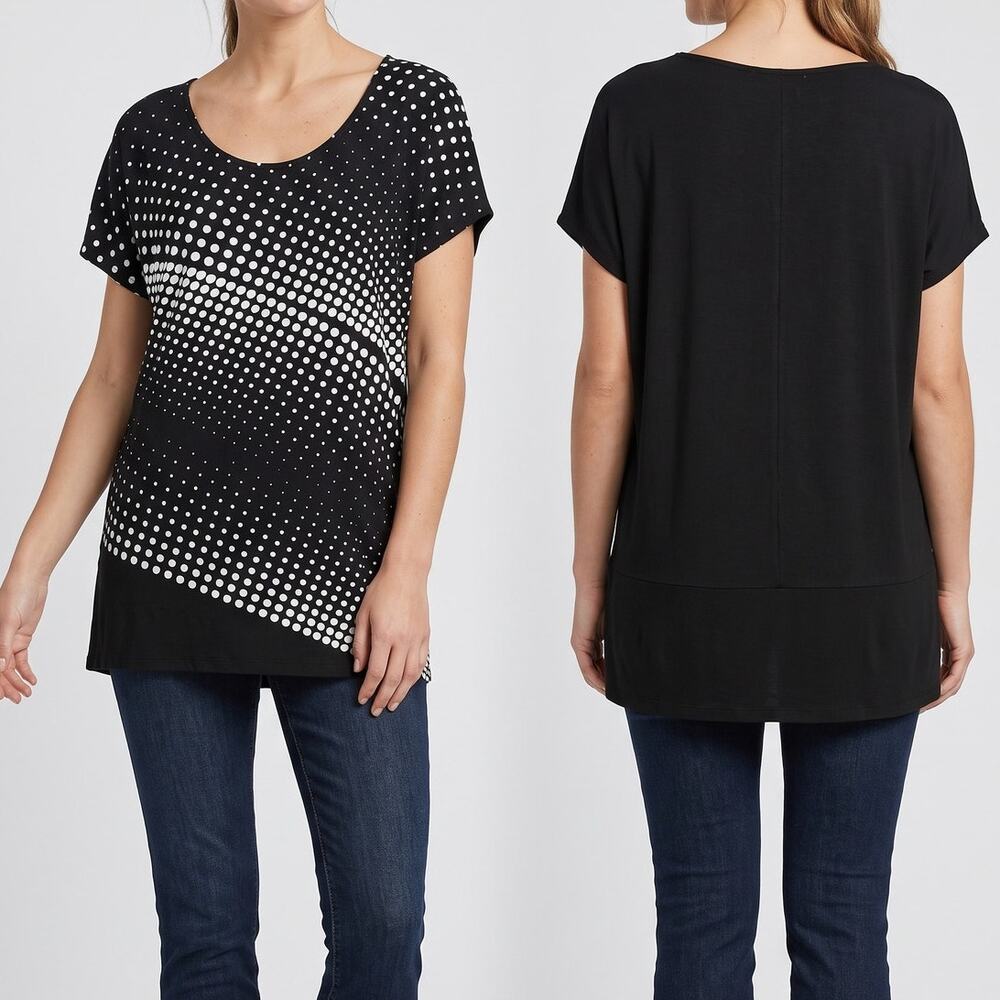 Chico's Zenergy Top Size 2 Large Short Sleeve Black White Polka Dot